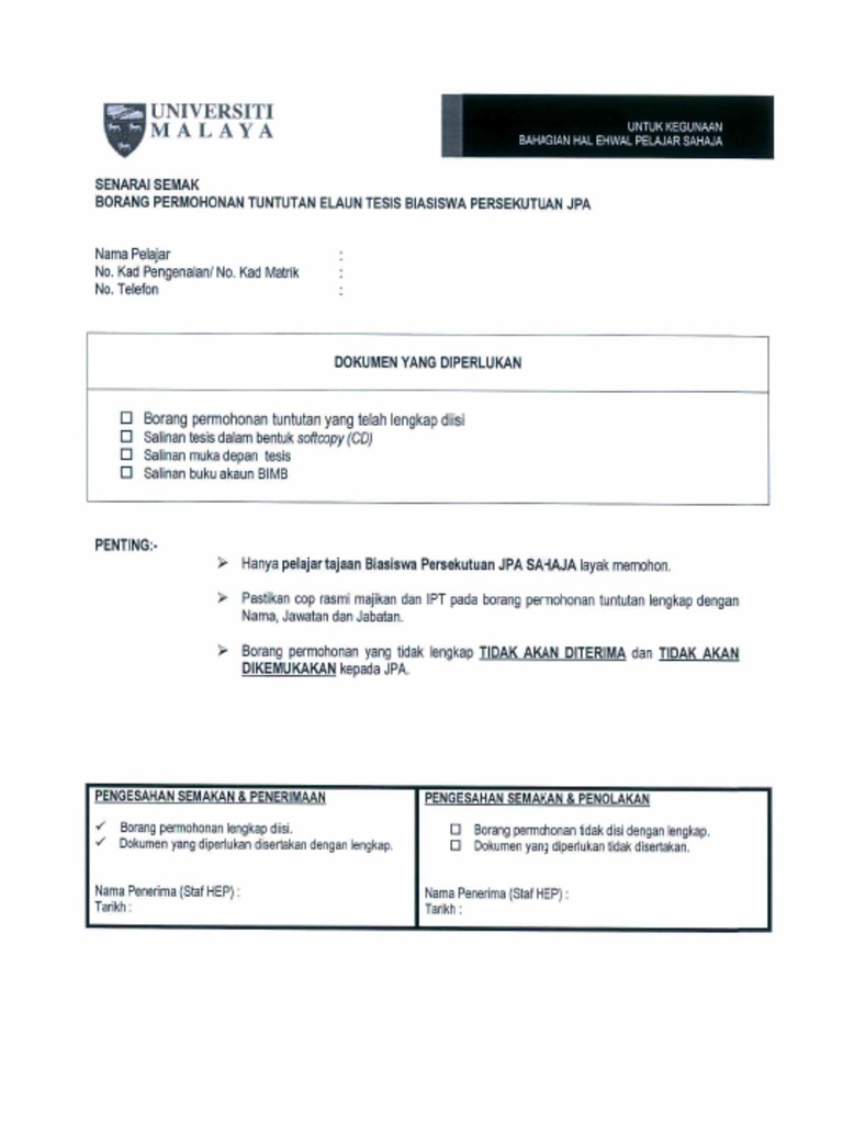 Borang Permohonan Tuntutan Elaun Tesis Biasiswa Persekutuan Jpa Pdf