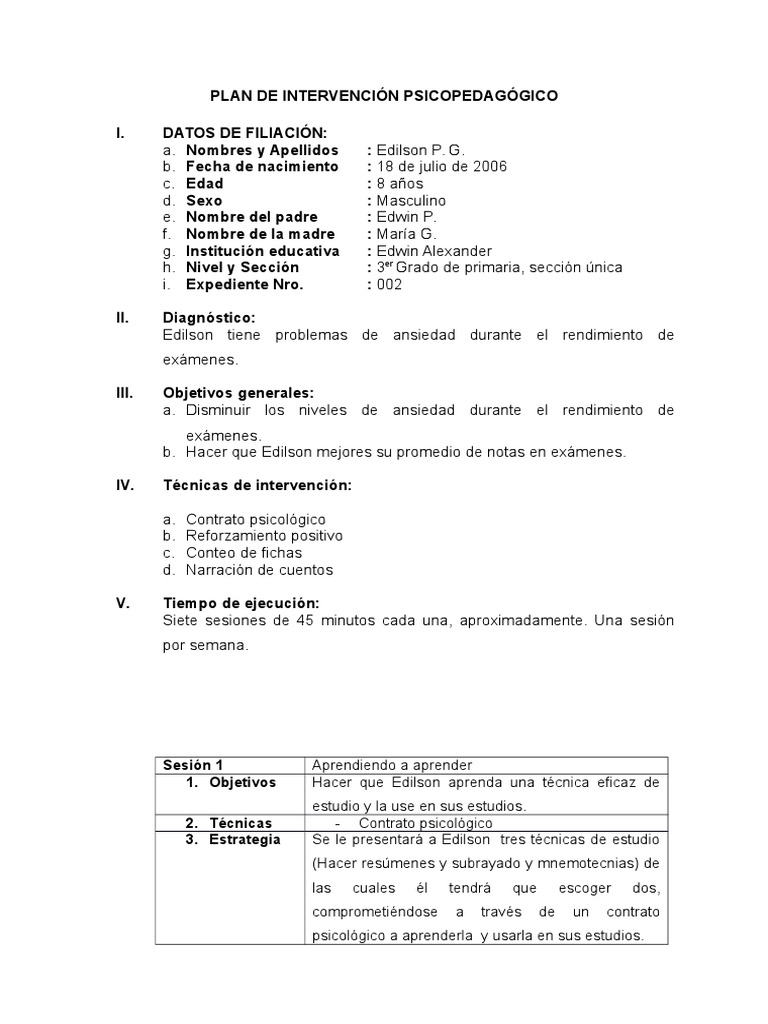 Plan de Intervención Psicopedagógico | PDF | Sicología | Ciencia cognitiva