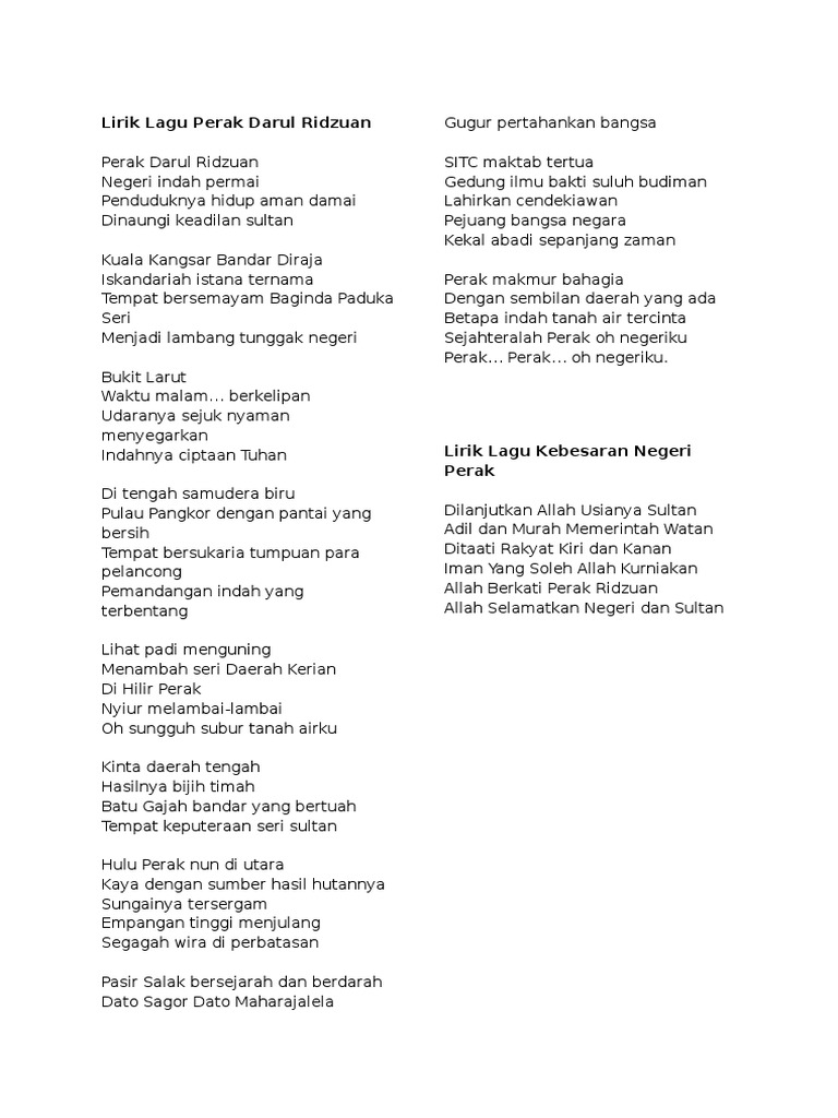 Lagu Negeri Perak Lirik