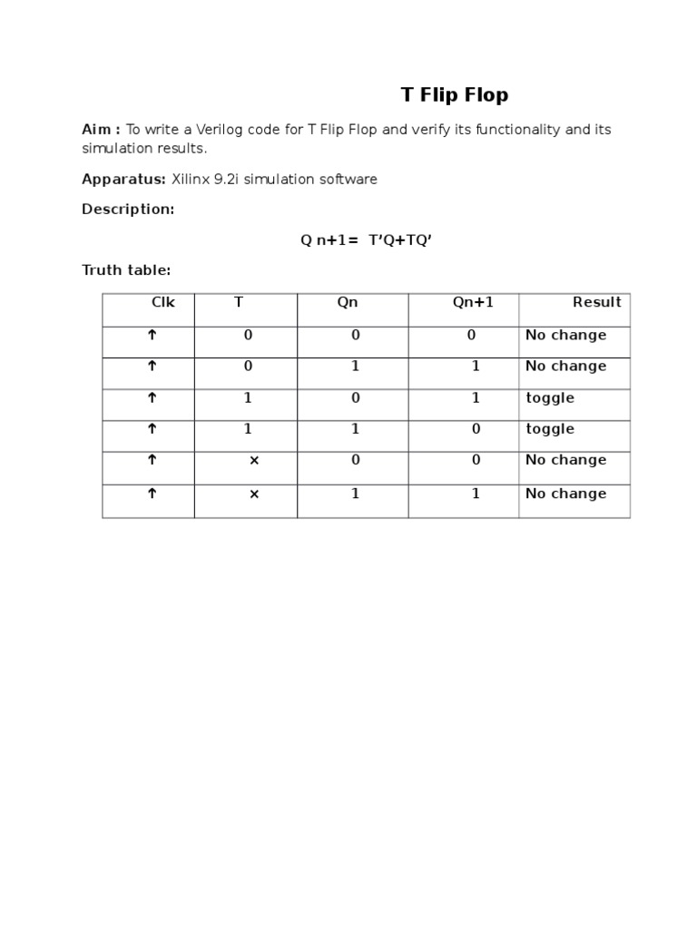 Verilog Code for T Flip Flop Simulation | PDF
