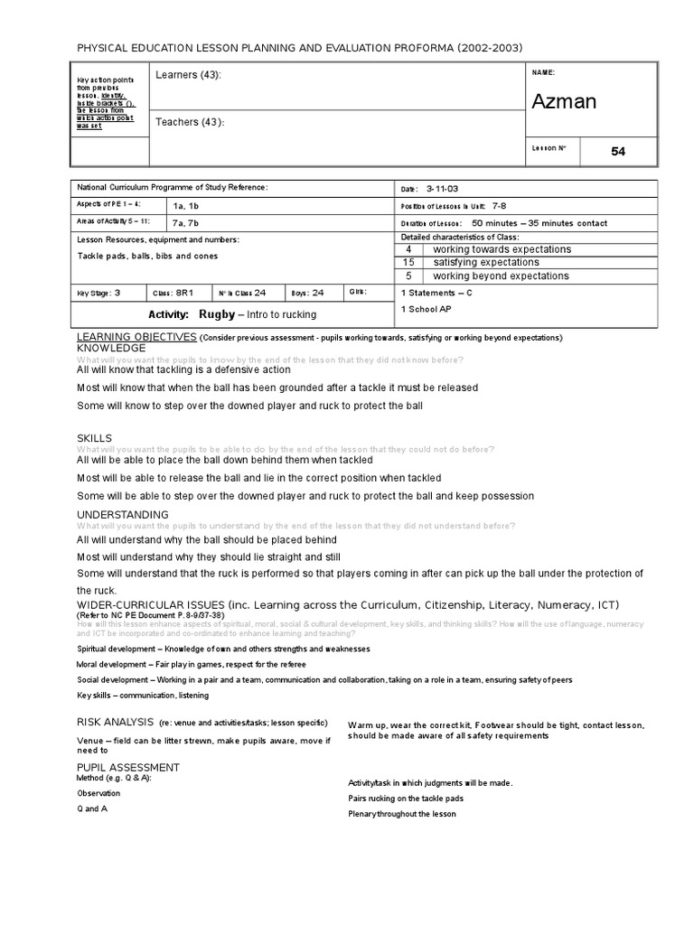 Contoh Lesson Plan PE | PDF | Physical Education | Learning