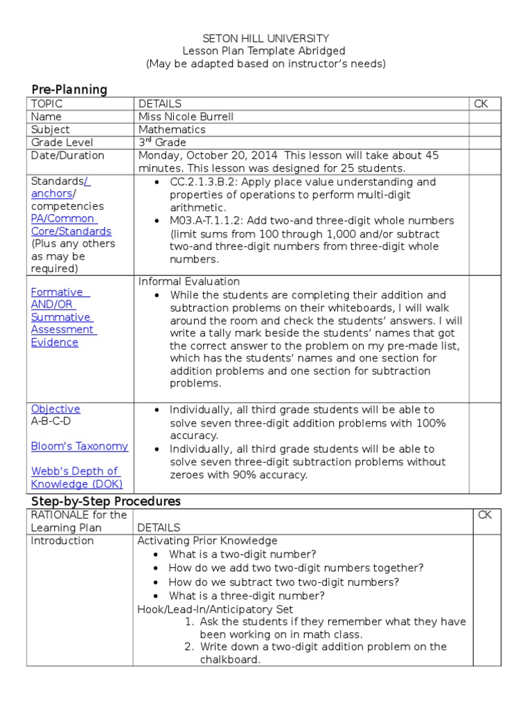3rd Grade Addition and Subtraction Plan | PDF | Education Theory | Teaching