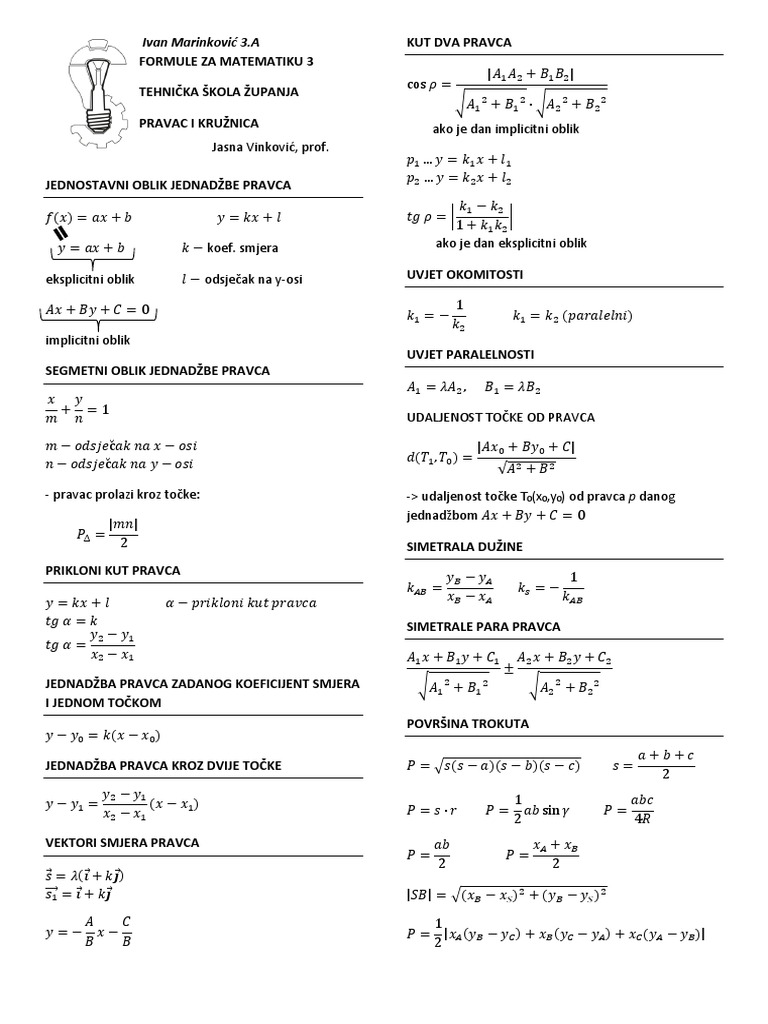 MATEMATIKA 3 Formule Pravac I Kružnica PDF | PDF
