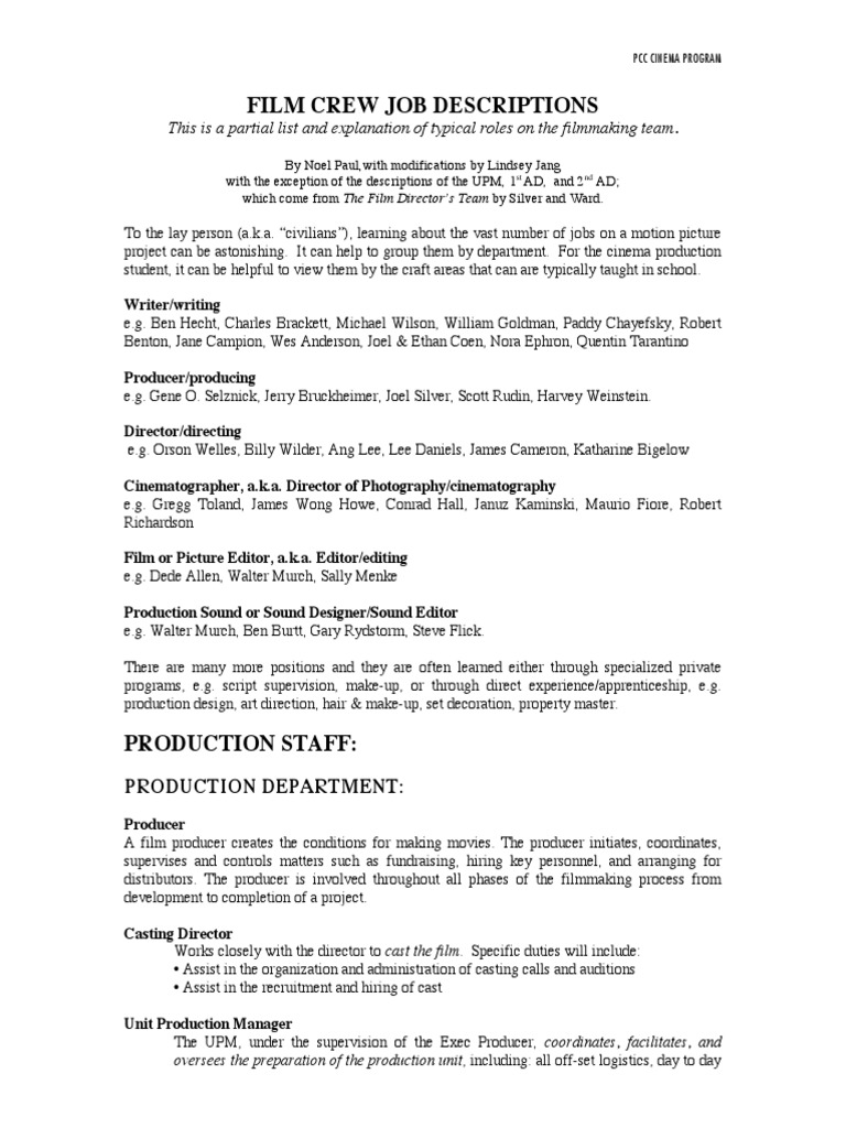 Film Crew Job Descriptions PDF Filmmaking