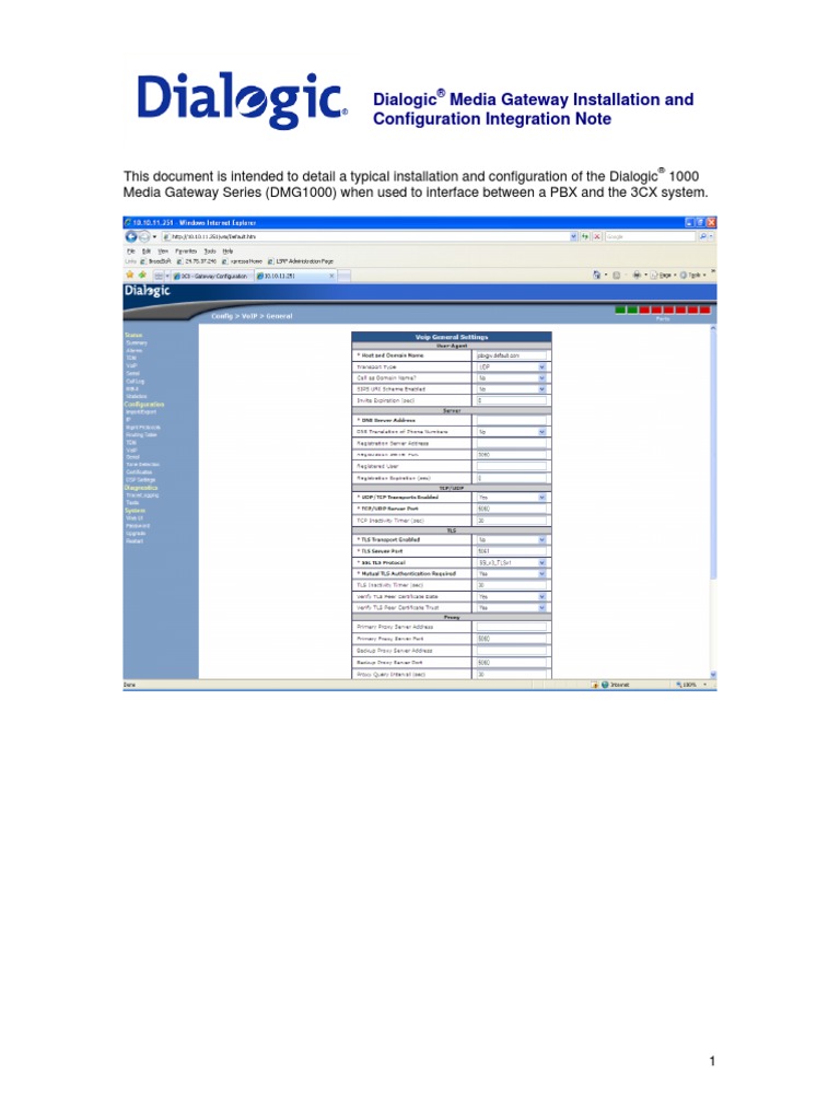 Dialogic Media Gateway Installation and Configuration Integration Note ...