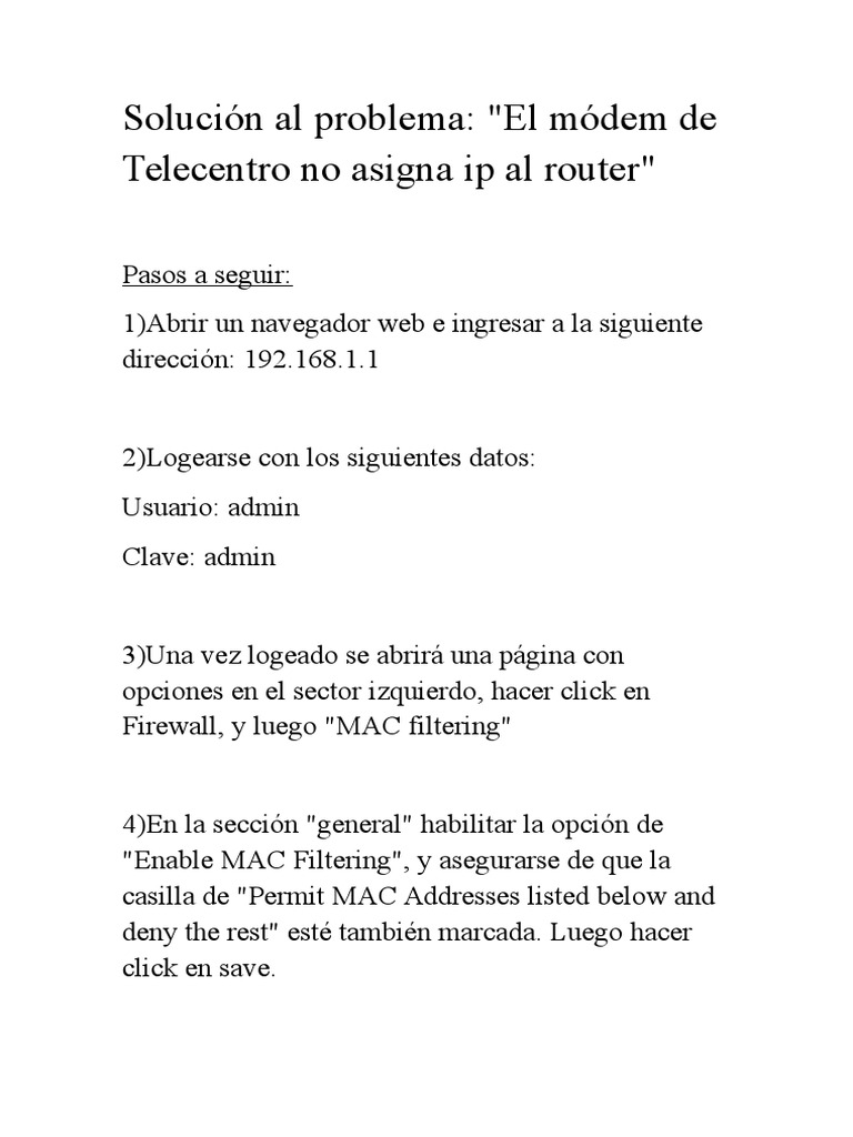 Solución a IP de Router Telecentro | PDF
