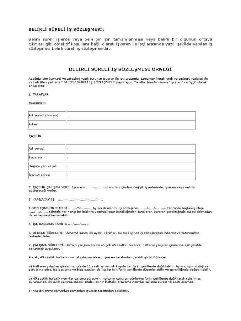 Deneme süreli iş sözleşmesi örneği doc