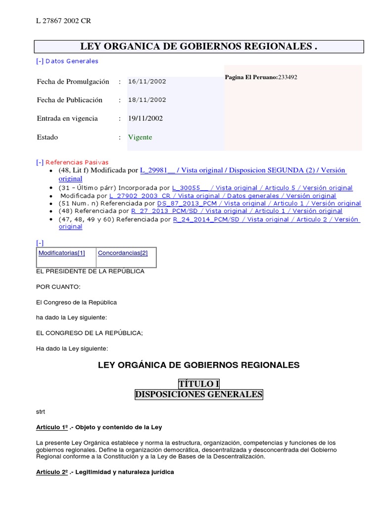 Ley 27867 Ley Orgánica de Gobiernos Regionales PDF Alcalde Gobierno