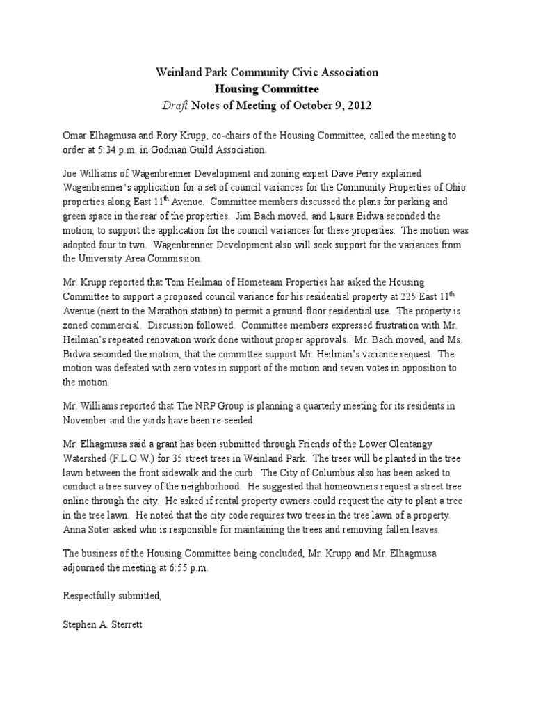 Weinland Park Housing Committee Meeting Notes | PDF