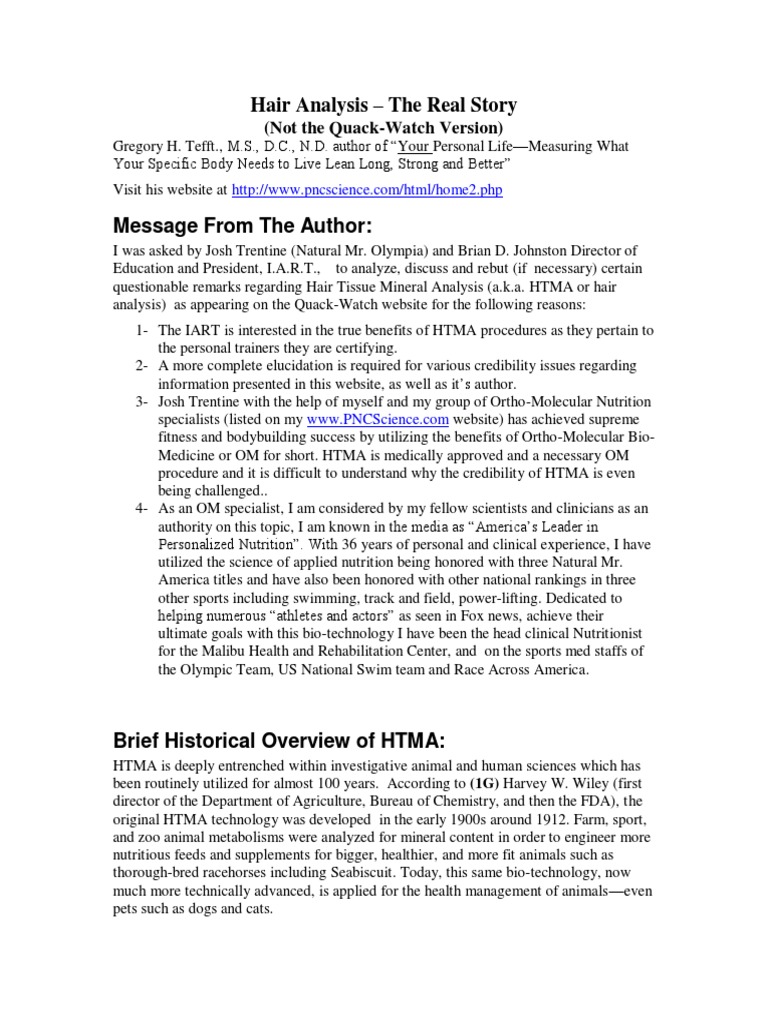 Hair Analysis The Whole Story, Not QuackWatch's PDF Chiropractic