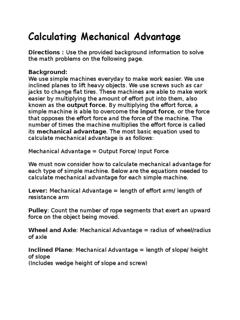 Calculating Mechanical Advantage Worksheet