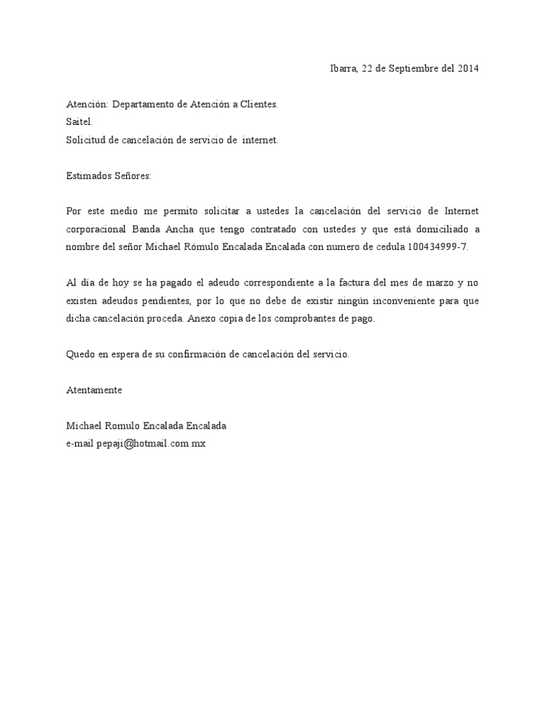Carta Cancelacion De Servicio Telefonico Assistente Administrativo