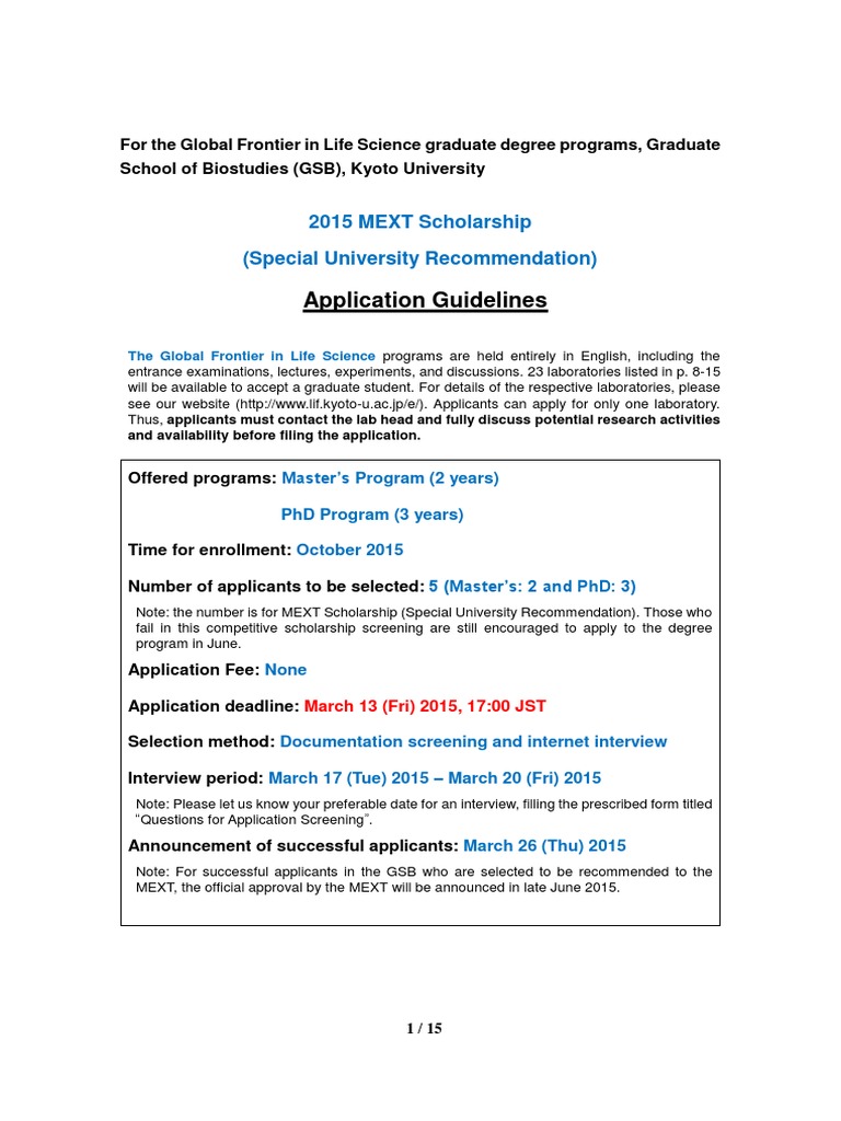 2015 MEXT Scholarship Application Guide | PDF | Graduate School | Virus