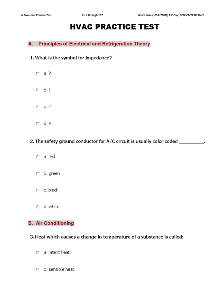Hvac Practice Test Number 1107 PDF Latent Heat Air Conditioning