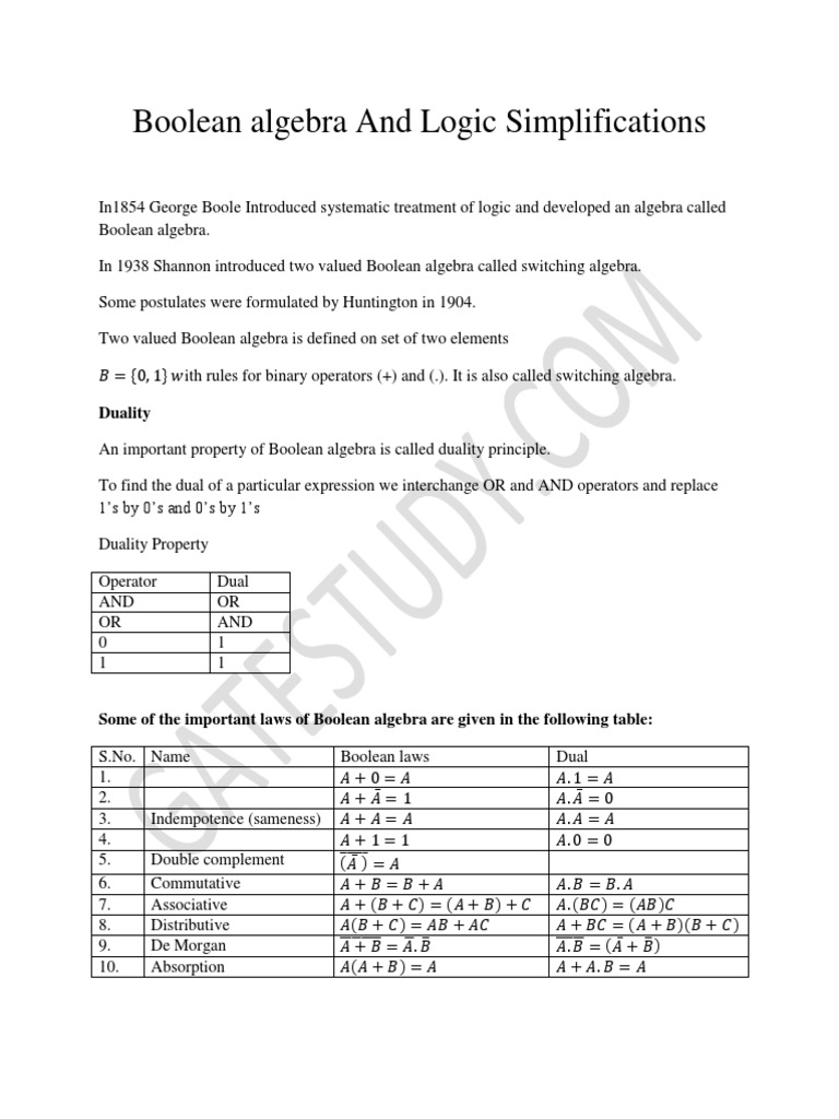 Boolean algebra and logic simplification pdf boolean algebra