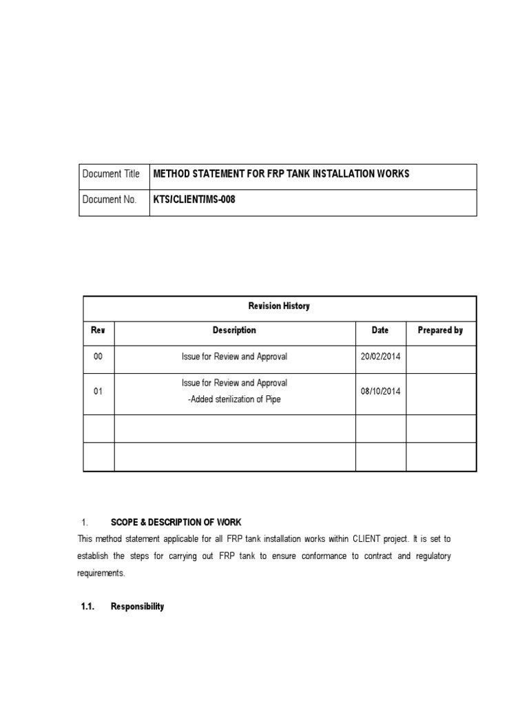 FRP Tank Installation Method Statement | PDF | Water | Personal ...