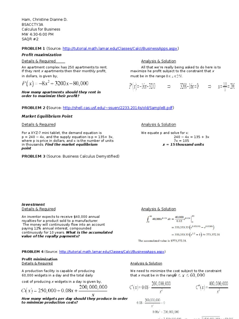 Business Calculus Problem Set | PDF | Teaching Methods & Materials