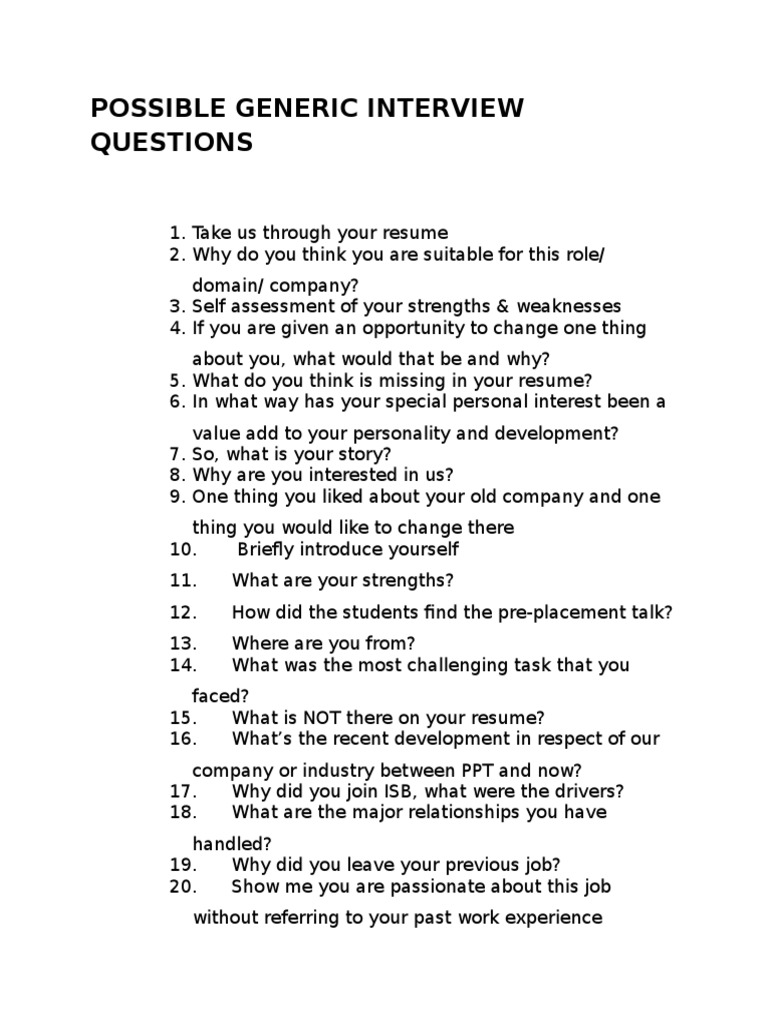 Generic Interview Questions | PDF | Leadership | Psychology