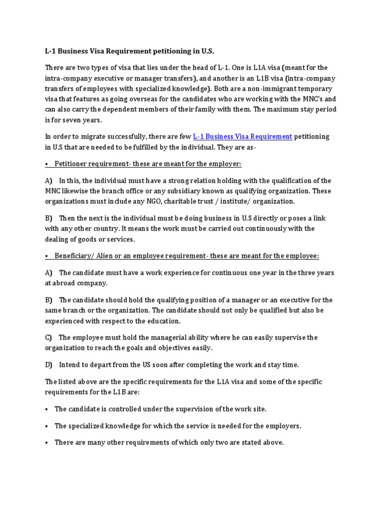 L1 Business Visa Requirement petitioning in U.S. Employment Government