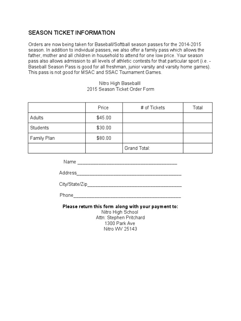 Season Ticket Information: Please Return This Form Along With Your ...