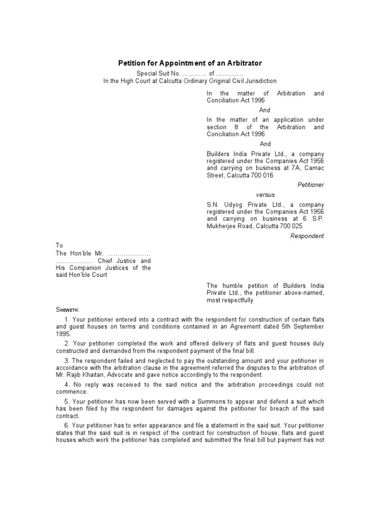Petition for Arbitrator Appointment | PDF | Arbitration | Lawsuit