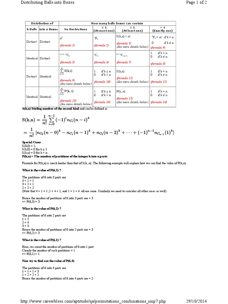 Ball and Box Distribution Formulas | PDF | Teaching Methods & Materials