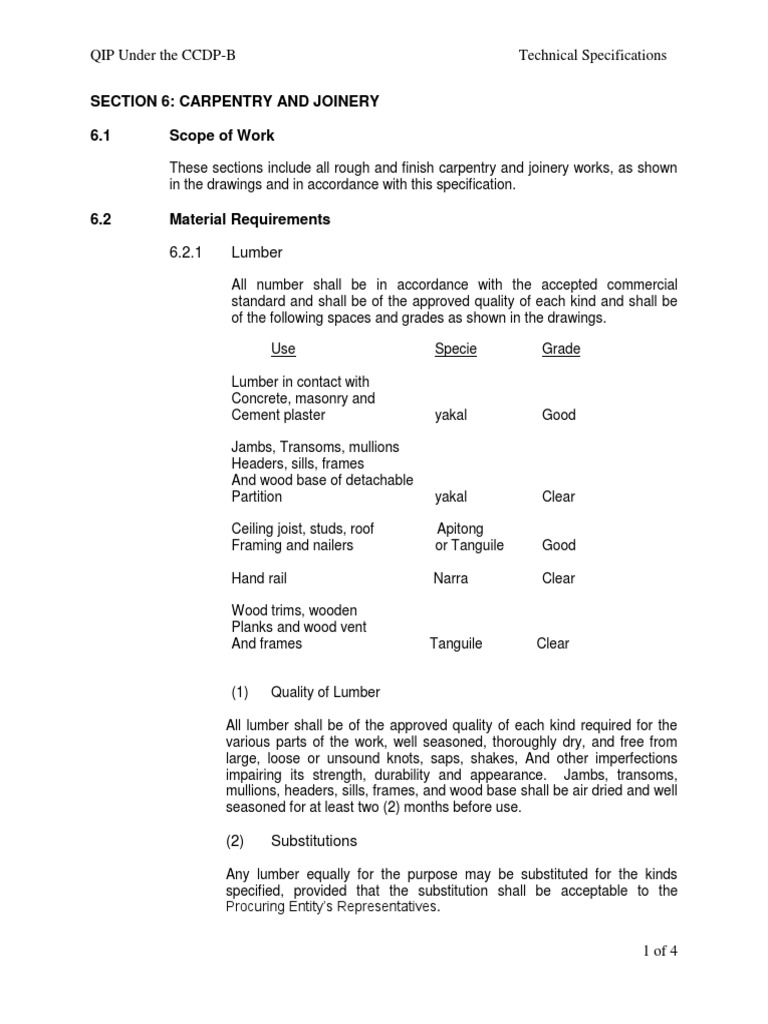 QIP Carpentry Specs Under CCDP-B | PDF | Framing (Construction) | Lumber