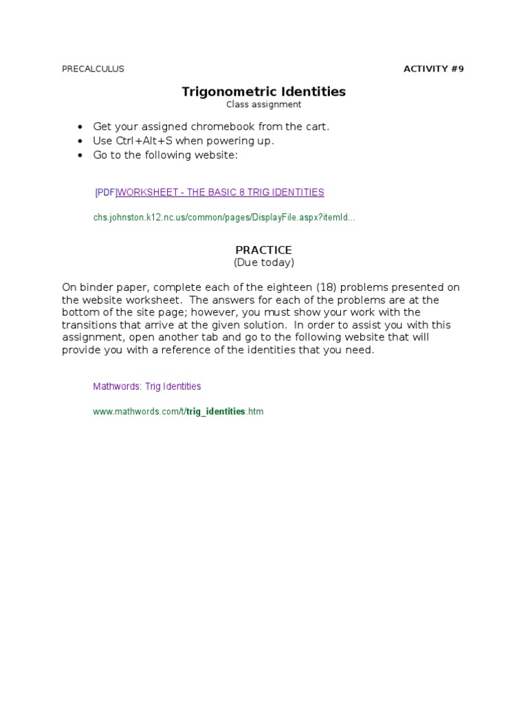 Trigonometric Identities: Worksheet - The Basic 8 Trig Identities | PDF ...