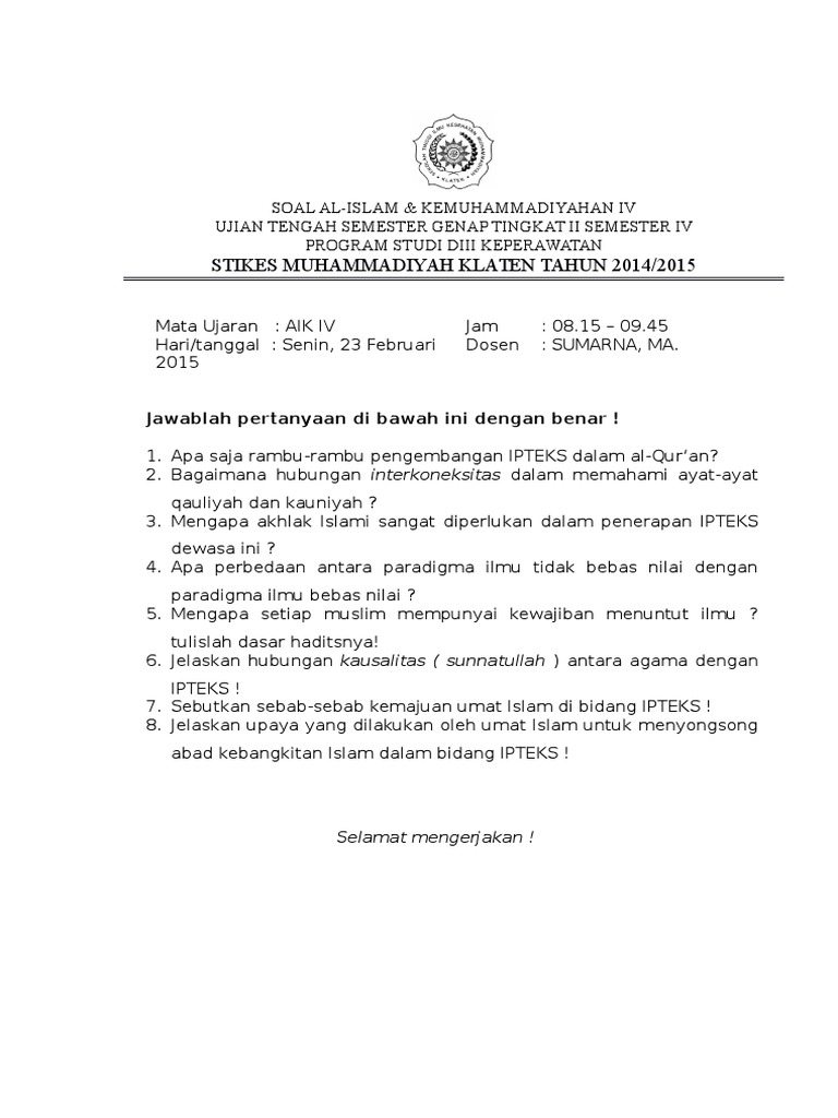 Soal Al Islam Dan Kemuhammadiyahan Kondisko Rabat