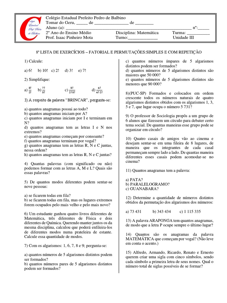 8 Lista de Exercícios Fatorial e Permutações Simples e Com Repetição ...