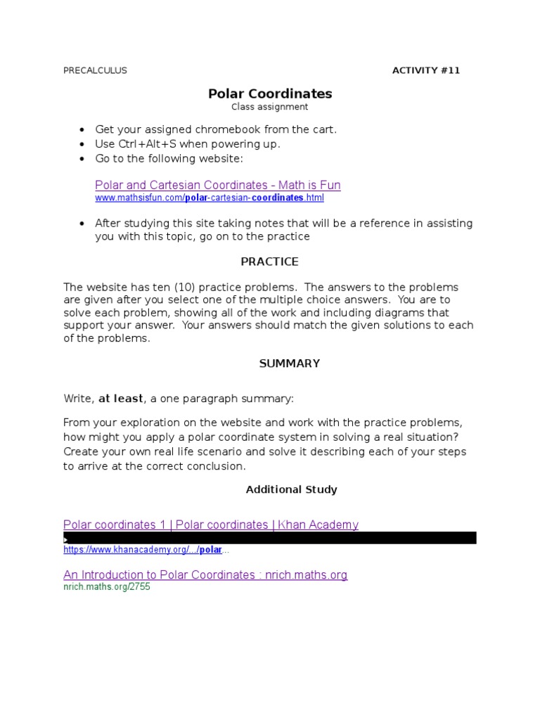 Polar Coordinates Class Assignment | PDF