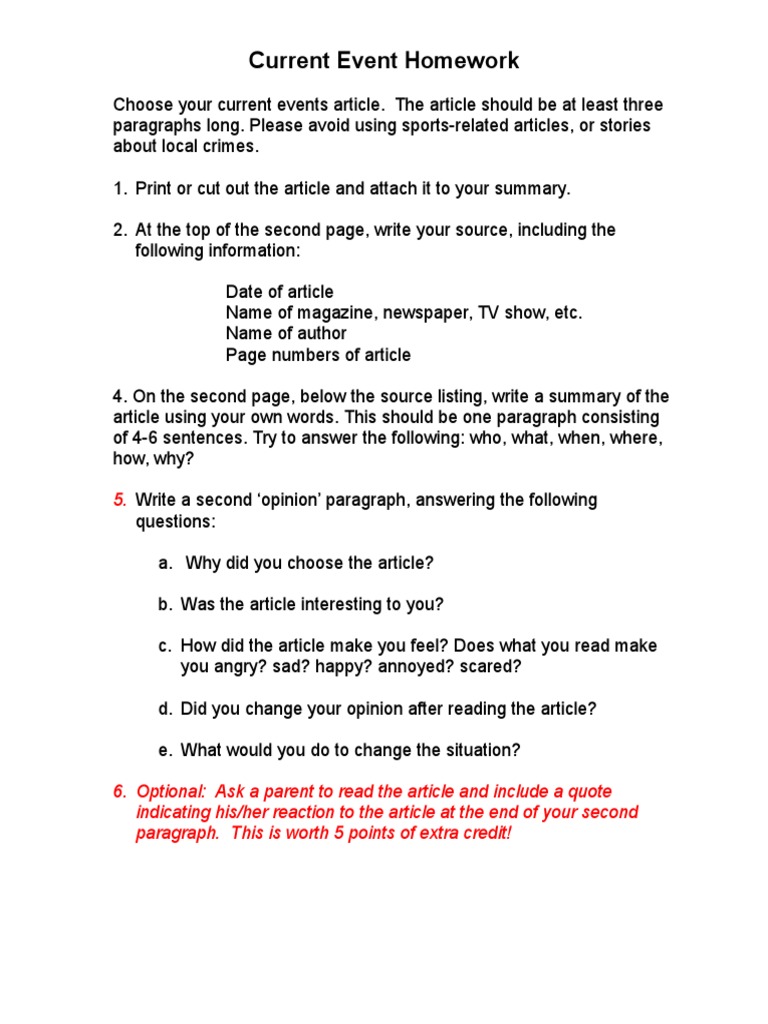Current Events Homework Guidelines | PDF
