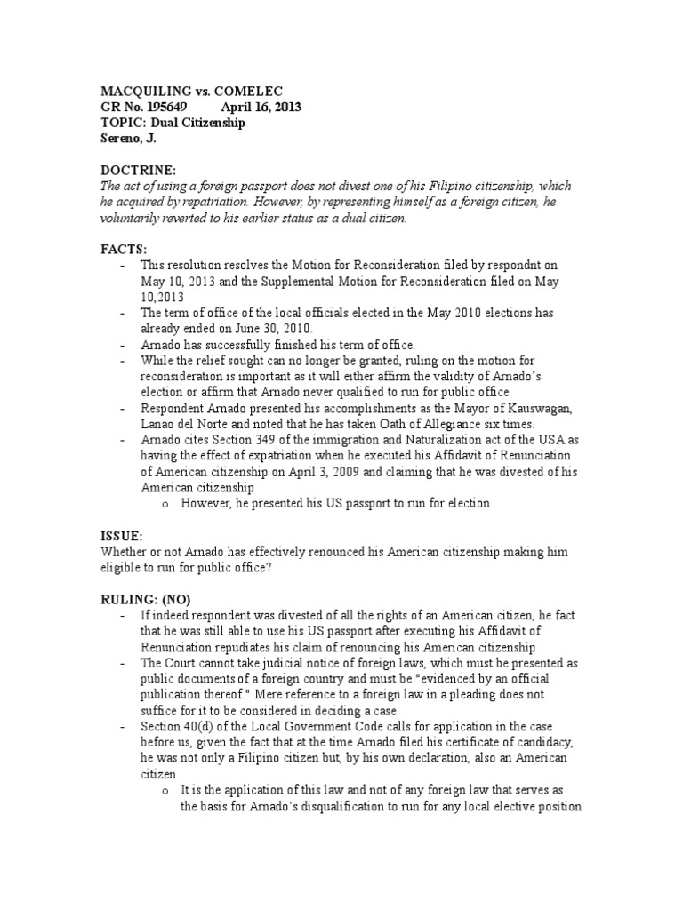 Macquiling vs comelec gr no 195649 april 16 2013 topic dual