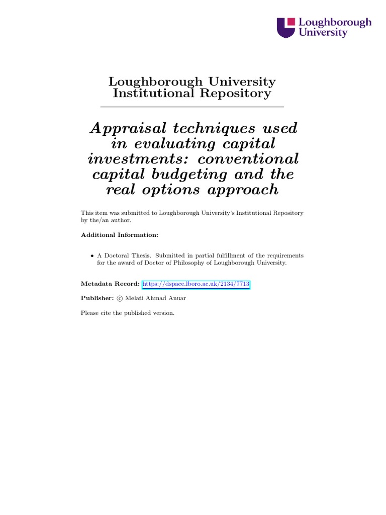 Appraisal Techniques Used In Evaluating Capital Investments