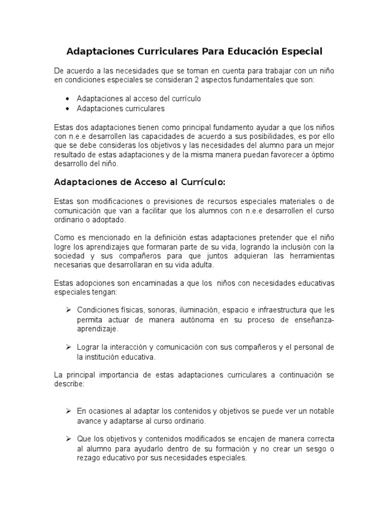 Adaptaciones Curriculares en Educación Especial | PDF | Plan de ...