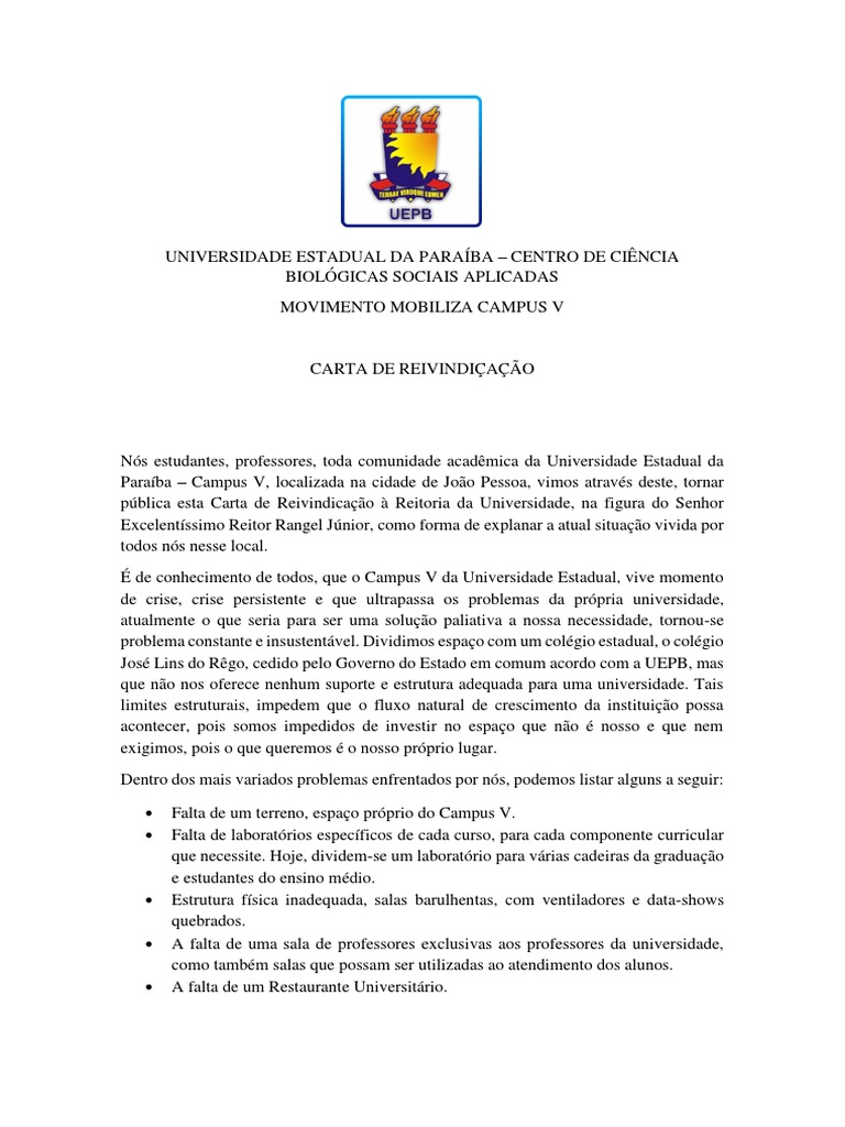 Carta de Reivindicação  Universidade  Bibliotecas