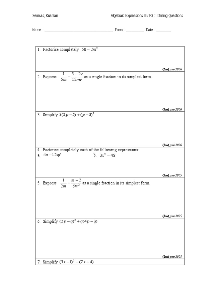 Algebraic Expressions Practice F3 | PDF