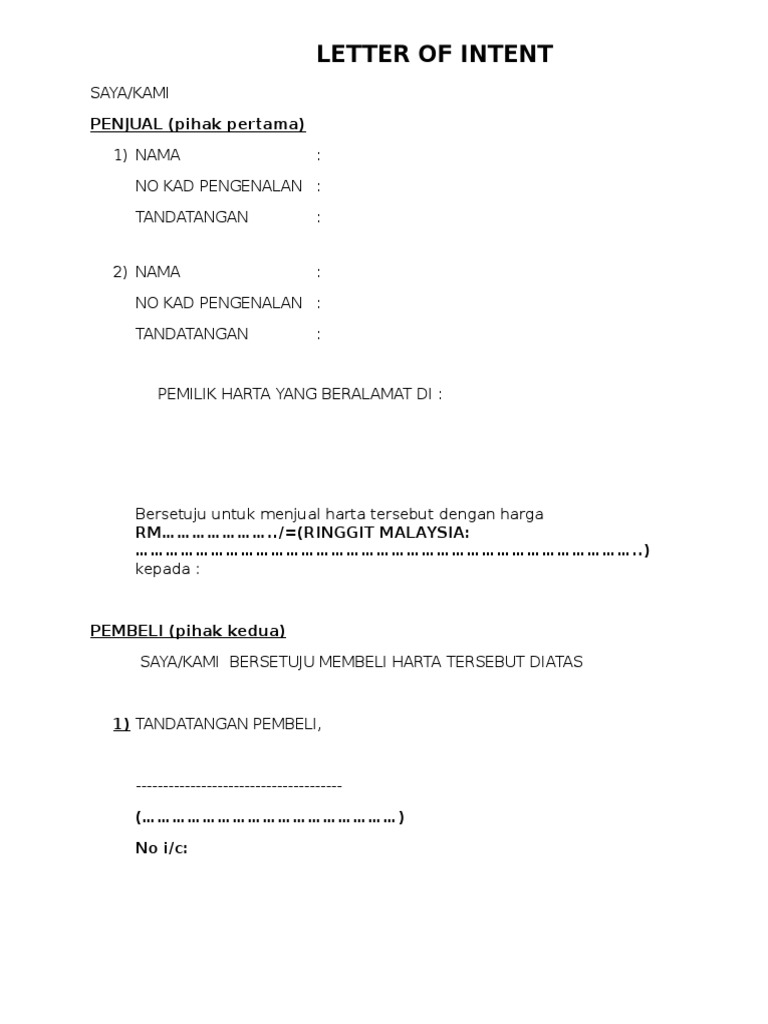 Letter Of Intent Surat Jual Rumah Dr Zam