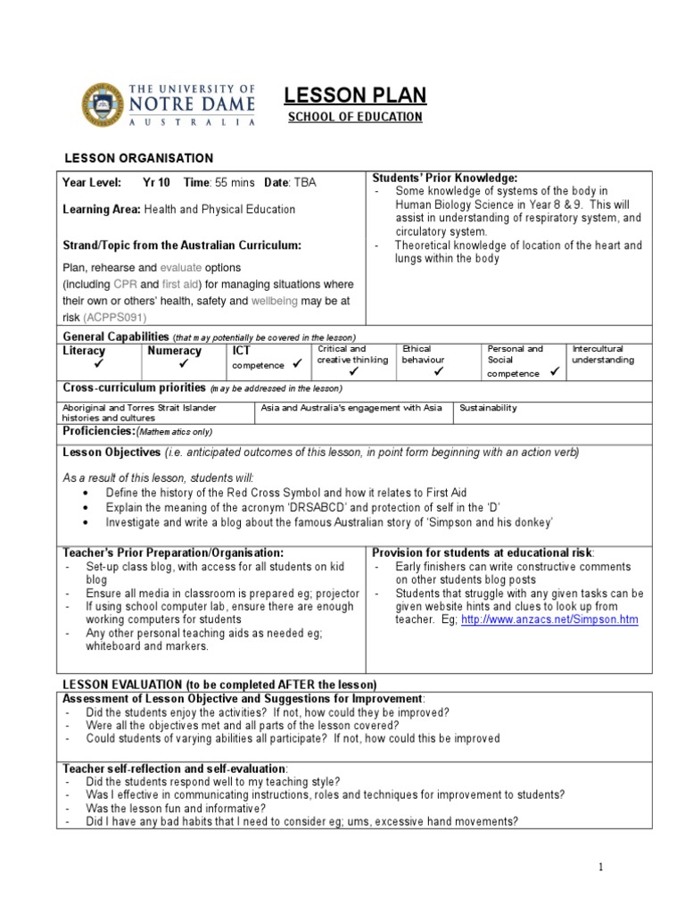 Lesson Plan - First Aid Lesson 1 | PDF | Teachers | Lesson Plan