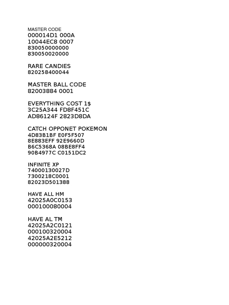 Pokémon Master Code Cheat List | PDF