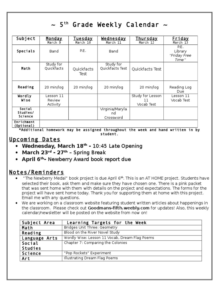5th Grade Weekly Calendar March 2023 | PDF