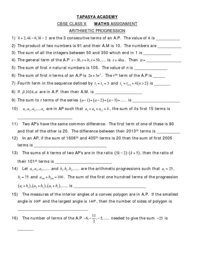 Class X Arithmetic Progression Assignment | PDF | Area | Ratio