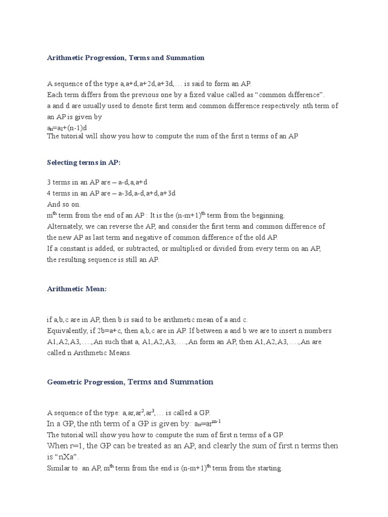 Arithmetic Progression | PDF | Summation | Sequence