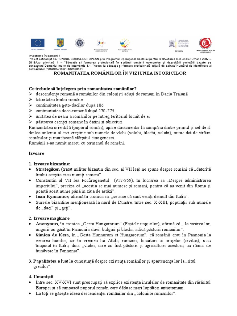 Romanitatea Romanilor In Viziunea Istoricilor Schita Lectiei Schita Romanitatea Romanilor in Viziunea Istoricilor | PDF