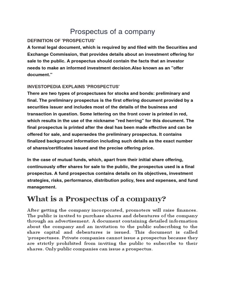 Prospectus of a Company Prospectus (Finance) Mutual Funds