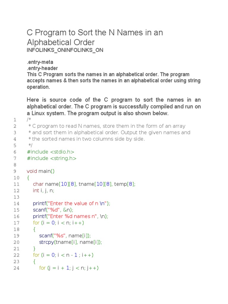 C Program to Alphabetically Sort Names | PDF
