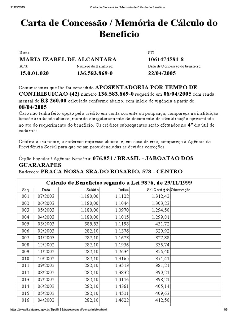 Carta de Concessão Memória de Cálculo Do Benefício MARIA ISABEL PDF