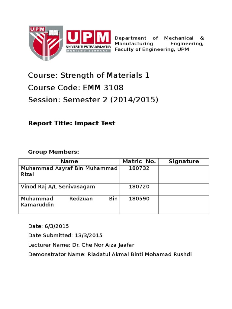 Impact Test Lab Report Chemistry Materials Science