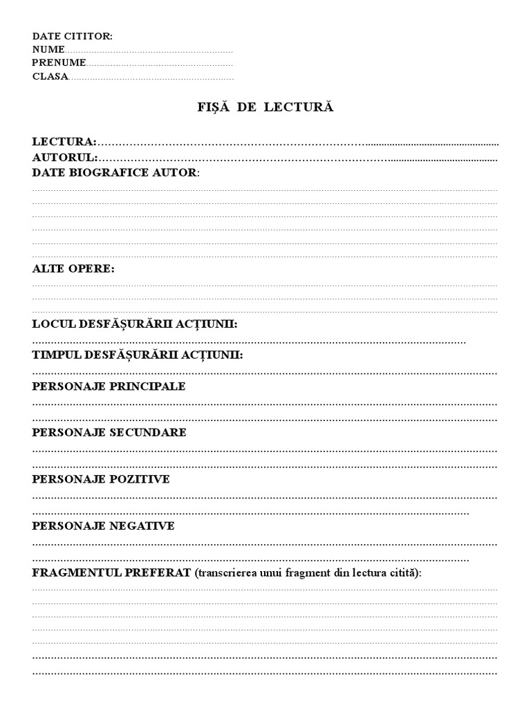 Model Fisa De Lectura Clasa A 2 A Fișă de Lectură A V-A | PDF