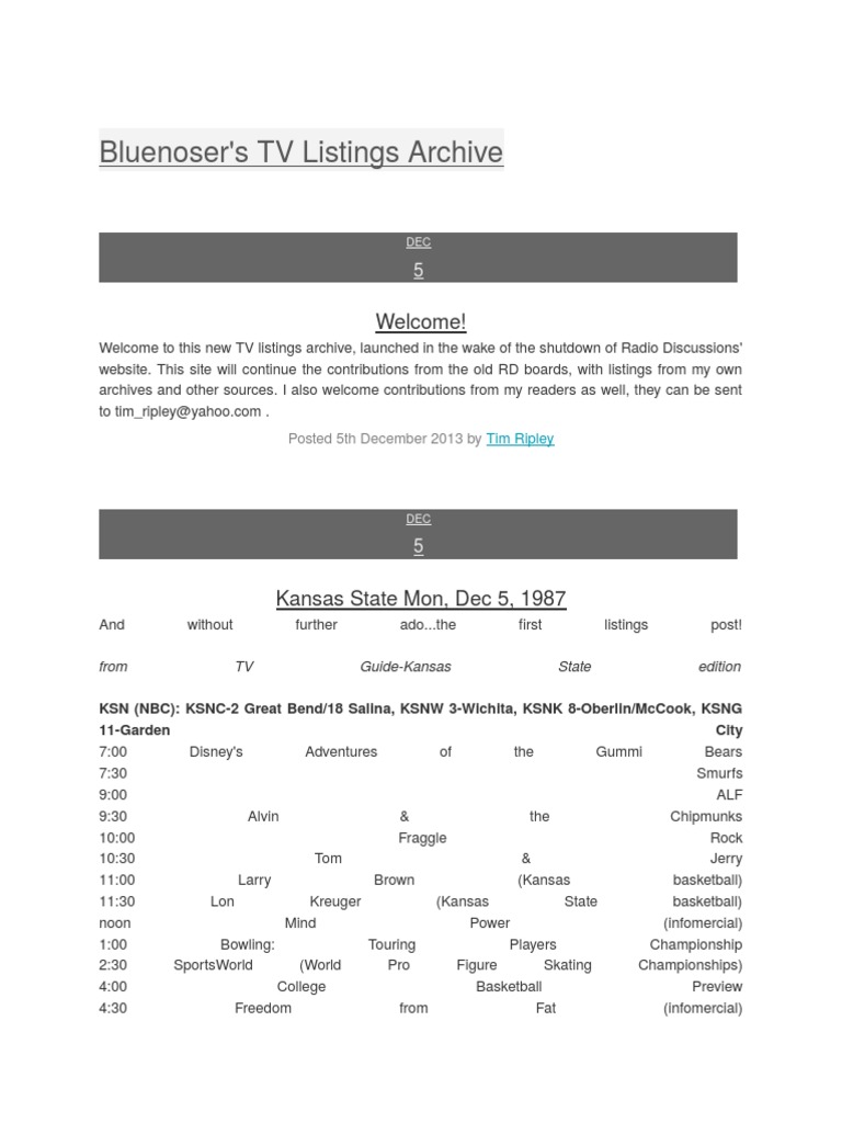 Bluenosers TV Listings Archive PDF News Broadcasting